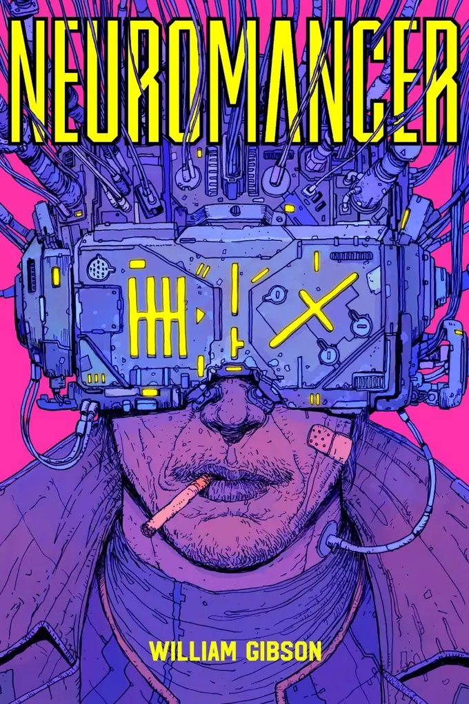 Cover of William Gibson's Neuromancer :: a man whose head is replaced by a cabled deck, cigarette still burning